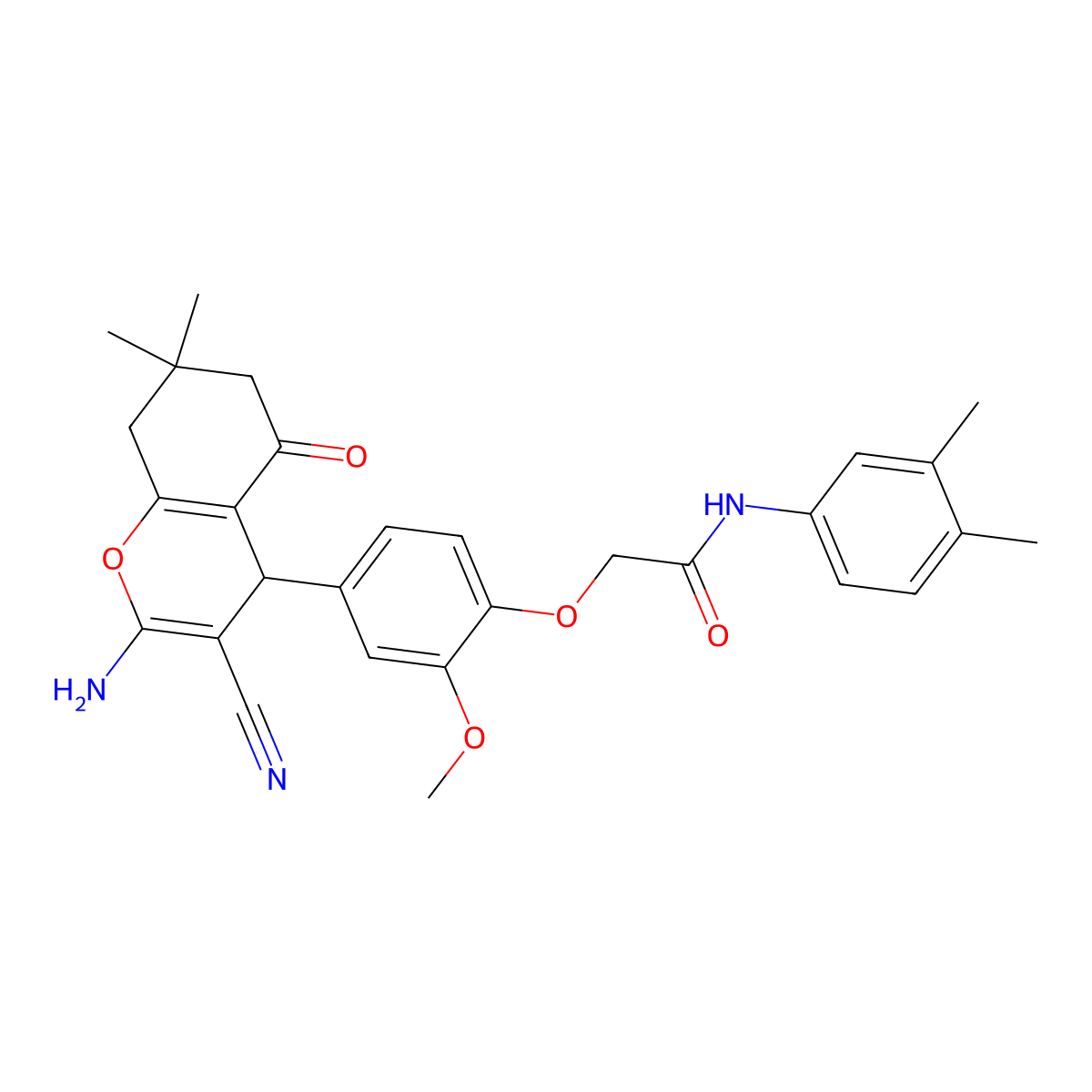 2-(4-(2-Amino-3-cyano-7,7-dimethyl-5-oxo-5,6,7,8-tetrahydro-4H-chromen-4-yl)-2-methoxyphenoxy)-N-(3,4-dimethylphenyl)acetamide molecular structure, CAS 352435-34-8