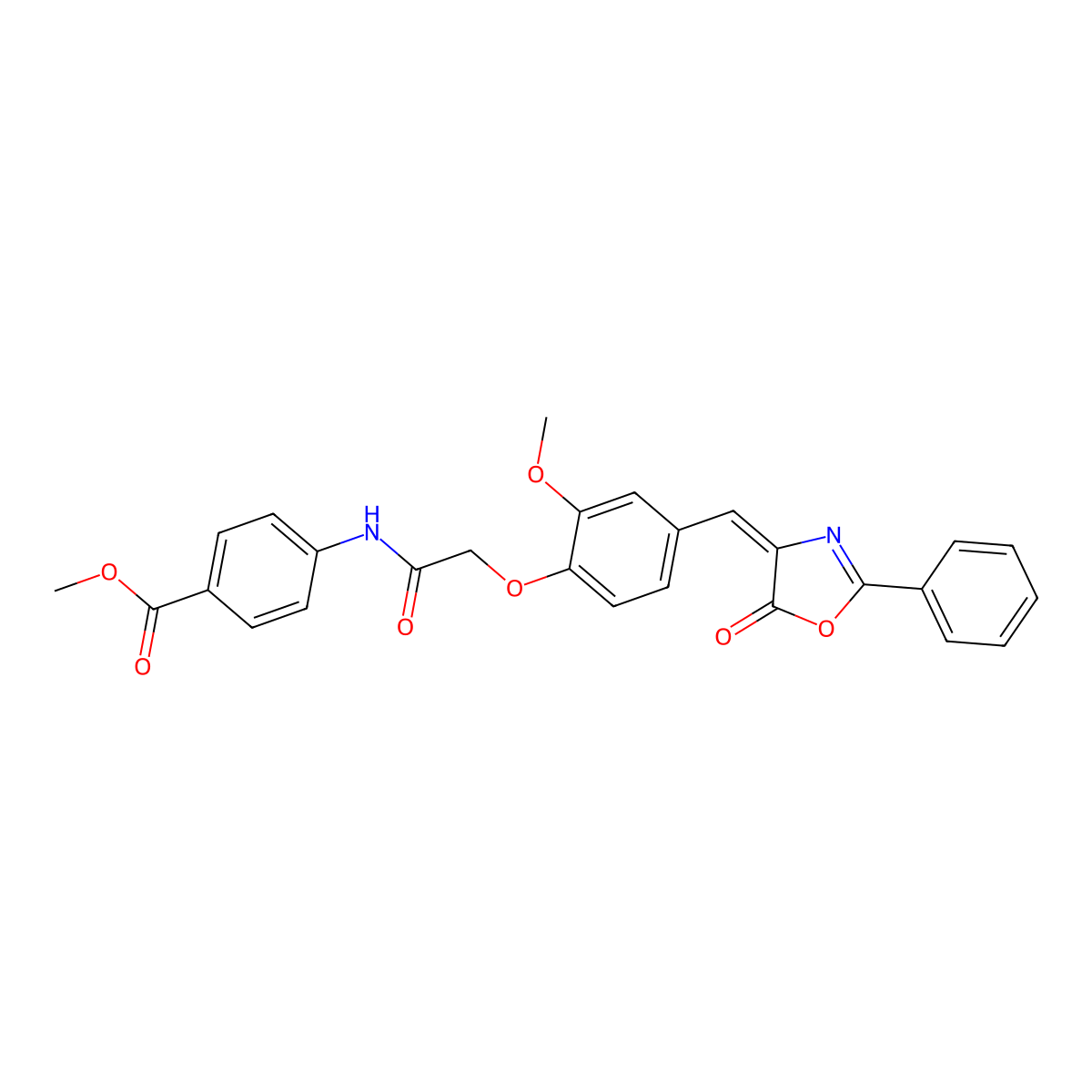 Methyl 4-[[2-[2-methoxy-4-[(5-oxo-2-phenyl-1,3-oxazol-4-ylidene)methyl]phenoxy]acetyl]amino]benzoate molecular structure, CAS 352435-49-5