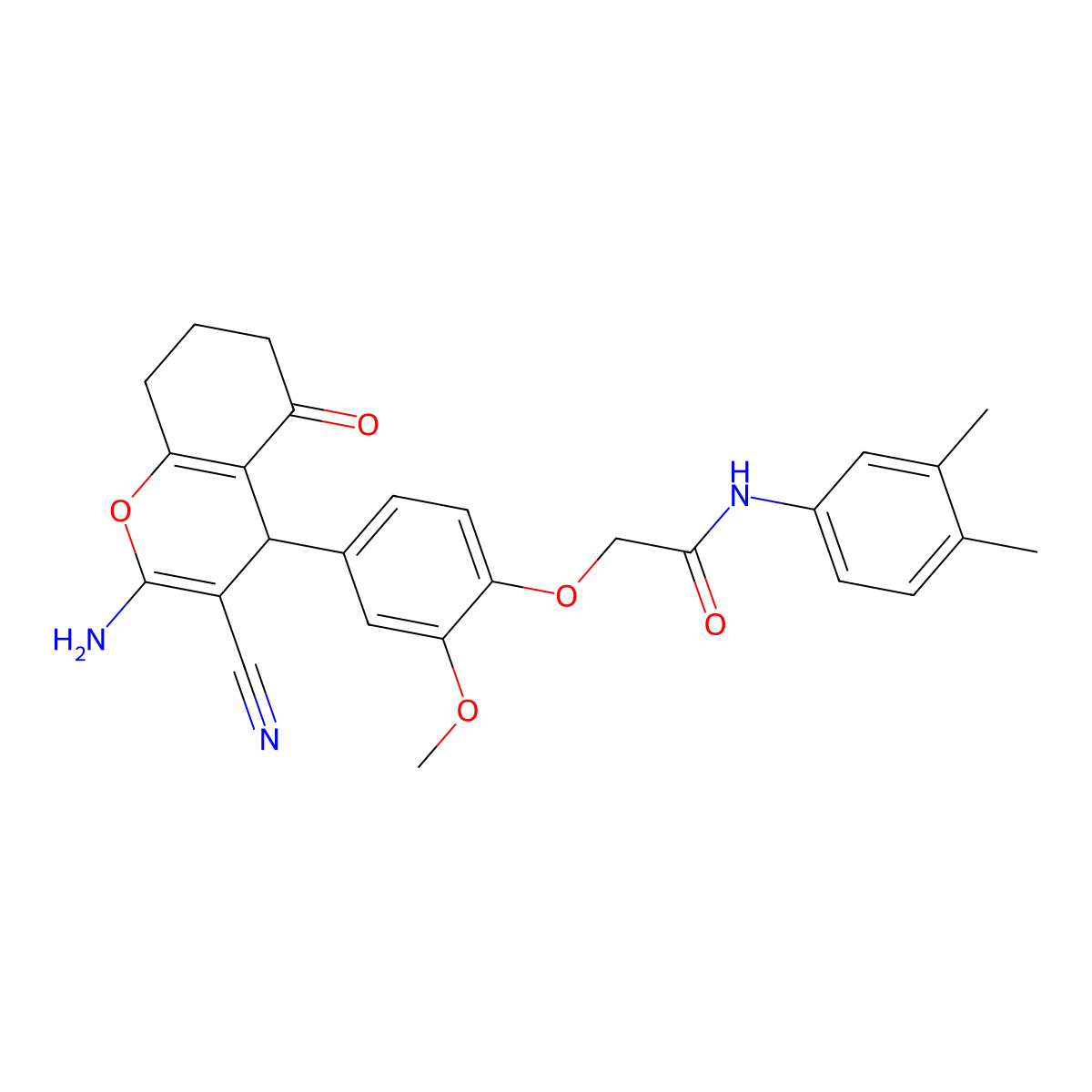 2-(4-(2-Amino-3-cyano-5-oxo-5,6,7,8-tetrahydro-4H-chromen-4-yl)-2-methoxyphenoxy)-N-(3,4-dimethylphenyl)acetamide molecular structure, CAS 352435-72-4