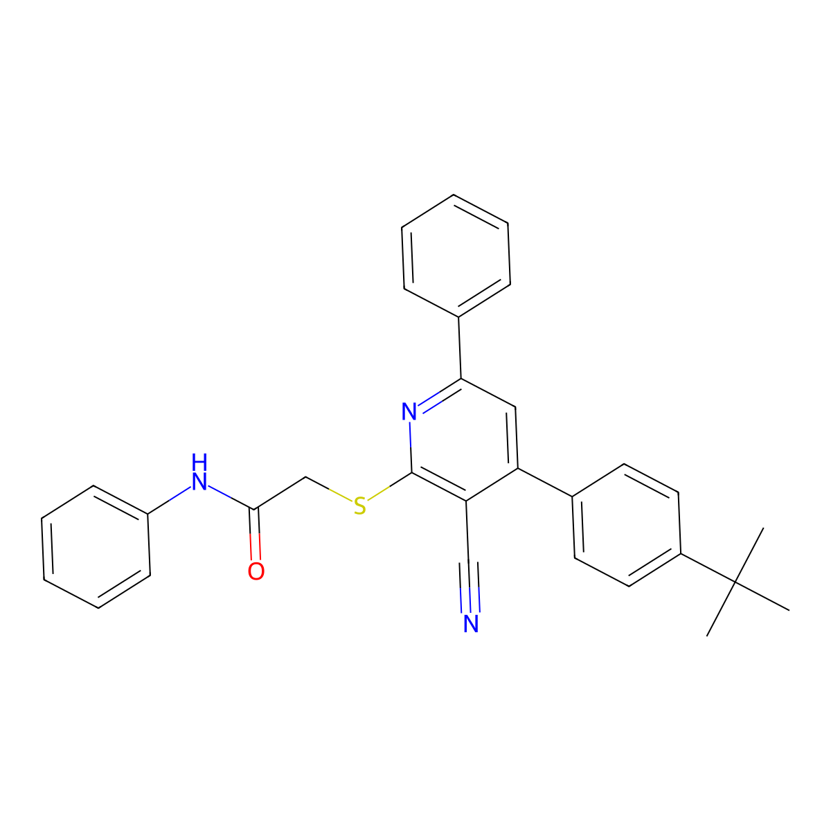 2-((4-(4-(tert-Butyl)phenyl)-3-cyano-6-phenylpyridin-2-yl)thio)-N-phenylacetamide molecular structure, CAS 352435-78-0