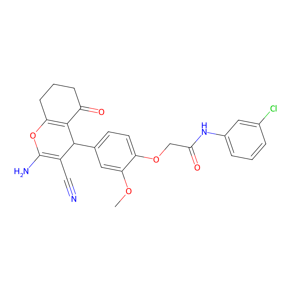 2-(4-(2-Amino-3-cyano-5-oxo-5,6,7,8-tetrahydro-4H-chromen-4-yl)-2-methoxyphenoxy)-N-(3-chlorophenyl)acetamide molecular structure, CAS 352435-87-1