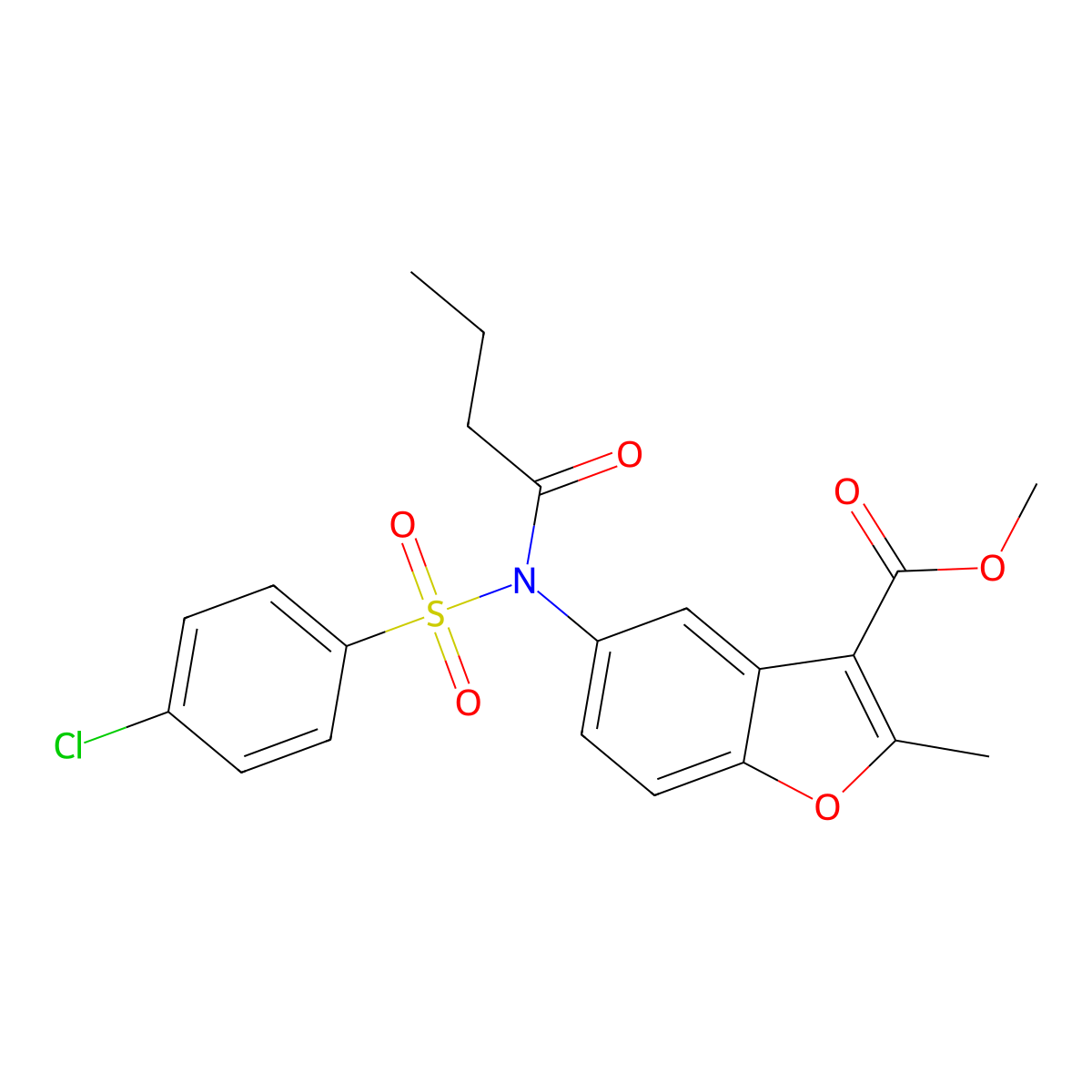 Methyl 5-{butyryl[(4-chlorophenyl)sulfonyl]amino}-2-methyl-1-benzofuran-3-carboxylate molecular structure, CAS 352436-09-0