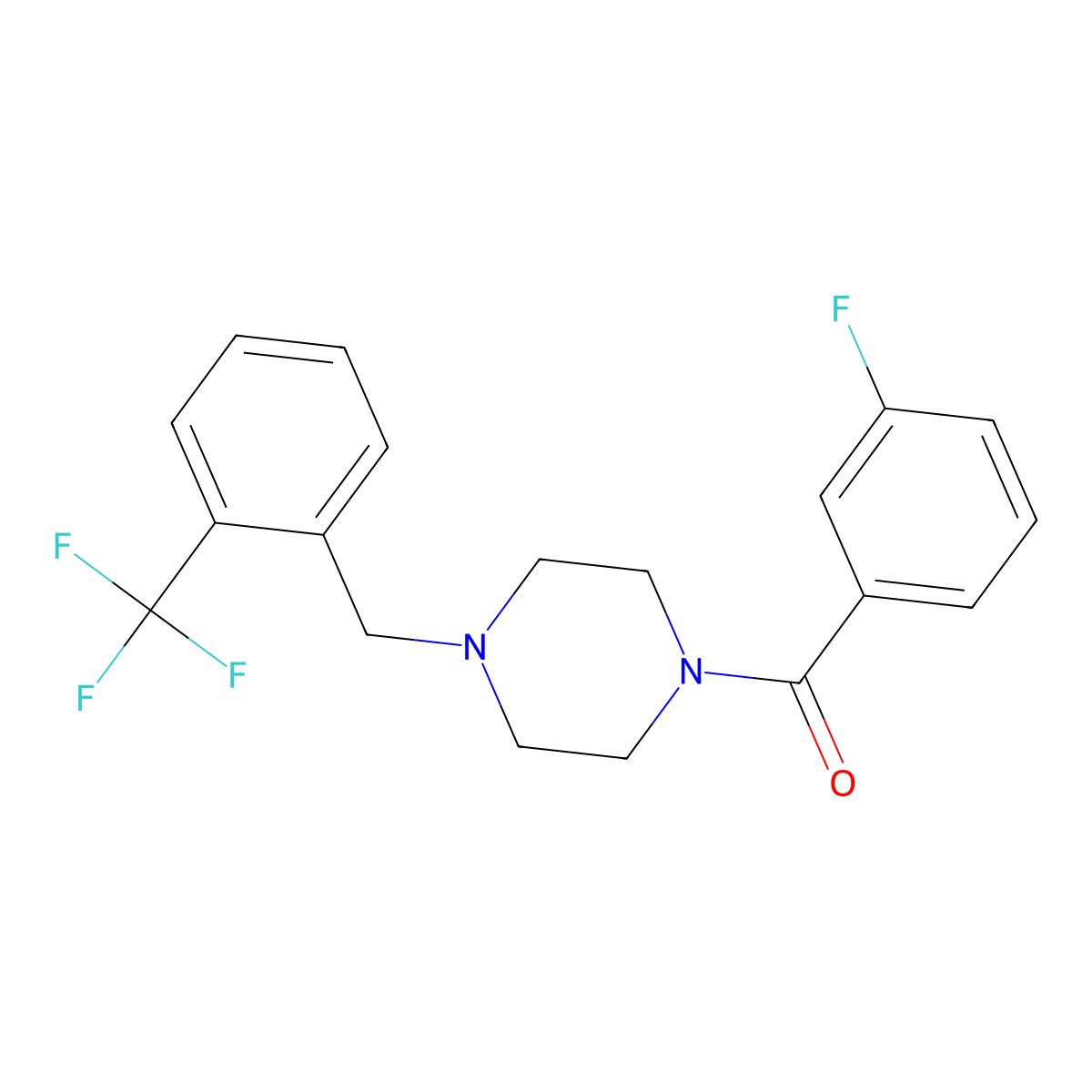 (3-Fluorophenyl)-[4-[[2-(trifluoromethyl)phenyl]methyl]piperazin-1-yl]methanone molecular structure, CAS 352436-48-7
