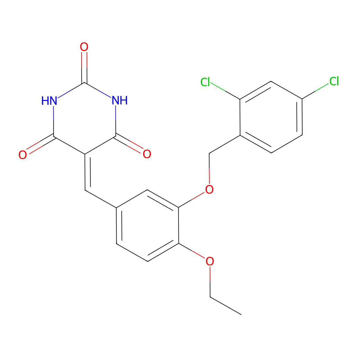 5-{3-[(2,4-dichlorobenzyl)oxy]-4-ethoxybenzylidene}-2,4,6(1H,3H,5H)-pyrimidinetrione molecular structure, CAS 352441-29-3