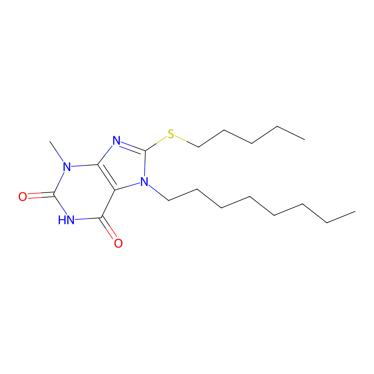 3-methyl-7-octyl-8-(pentylsulfanyl)-3,7-dihydro-1H-purine-2,6-dione molecular structure, CAS 352443-61-9