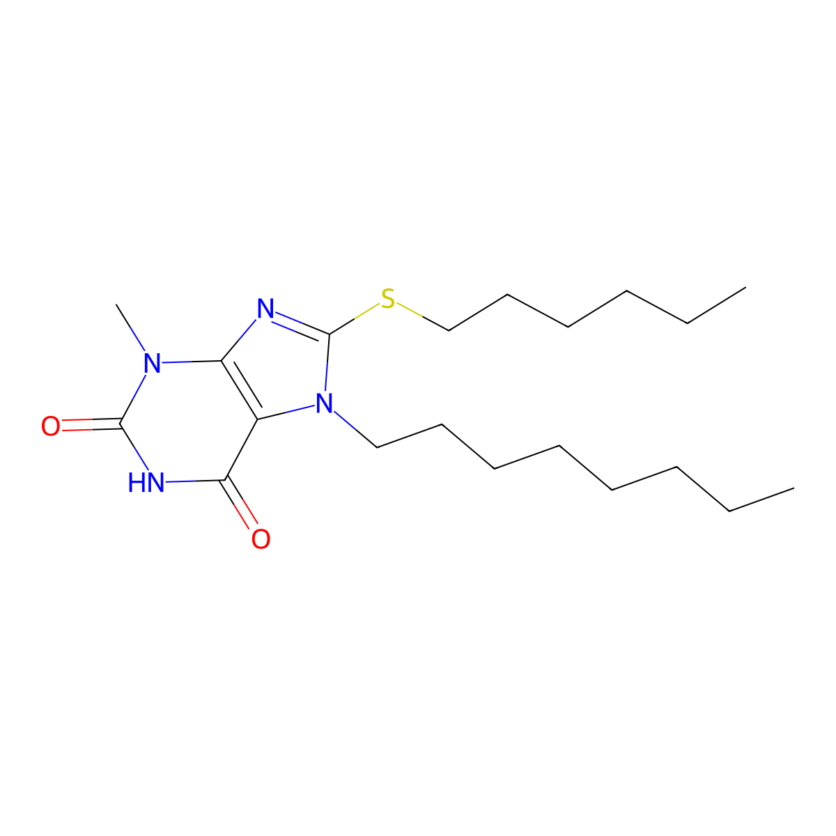 8-(hexylsulfanyl)-3-methyl-7-octyl-3,7-dihydro-1H-purine-2,6-dione molecular structure, CAS 352443-62-0