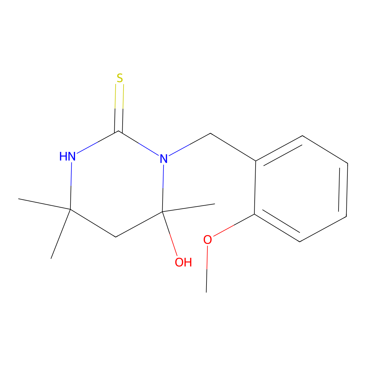 6-hydroxy-1-(2-methoxybenzyl)-4,4,6-trimethyltetrahydropyrimidine-2(1H)-thione molecular structure, CAS 352444-07-6