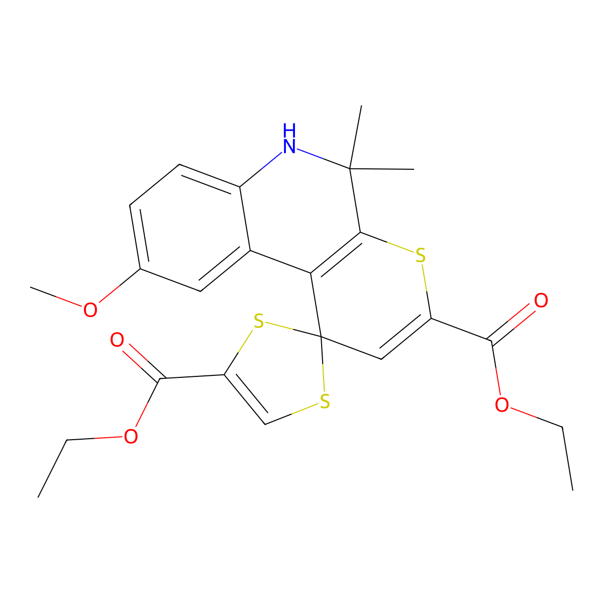 diethyl 9'-methoxy-5',5'-dimethylspiro[1,3-dithiole-2,1'-6H-thiopyrano[2,3-c]quinoline]-3',4-dicarboxylate molecular structure, CAS 352445-37-5