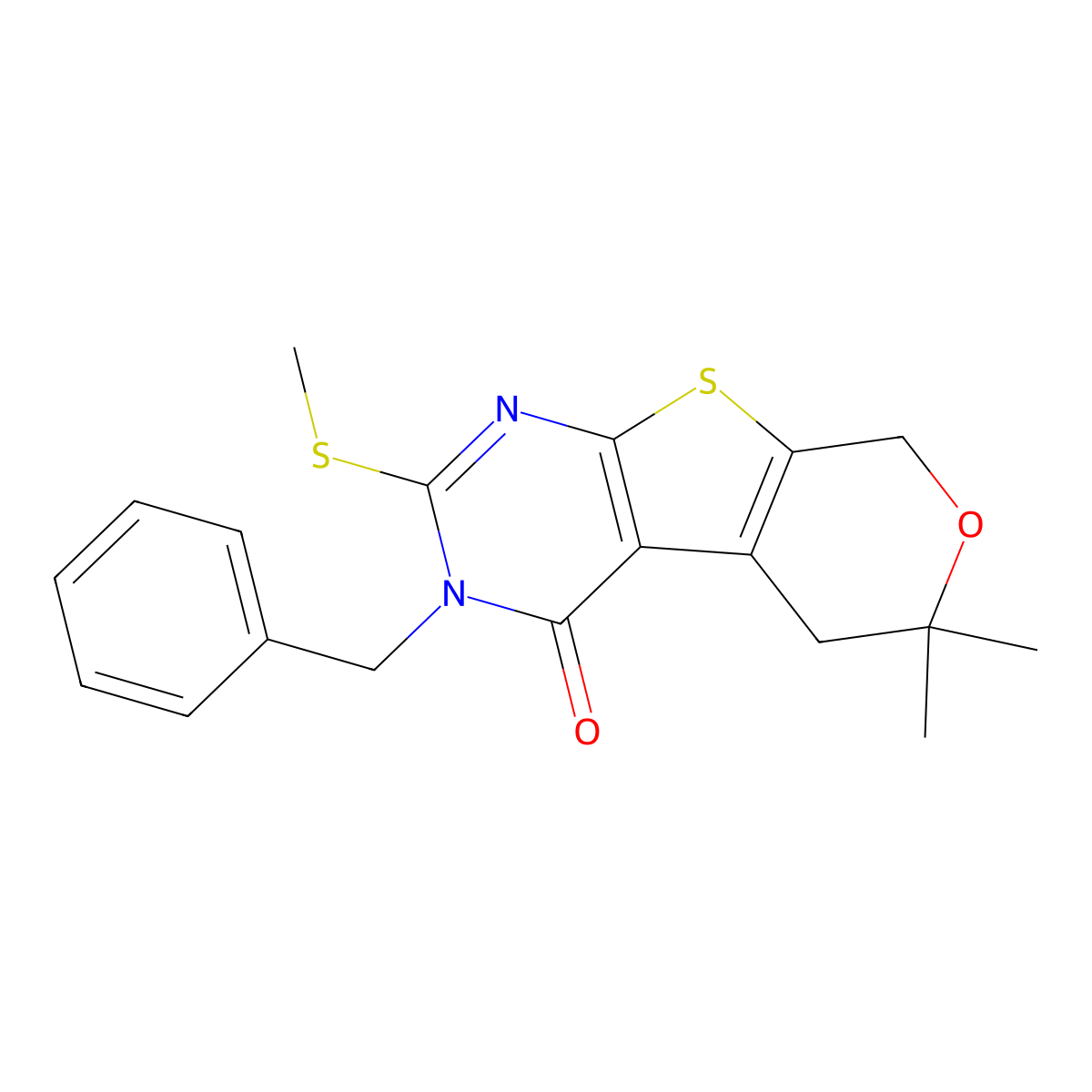 3-benzyl-6,6-dimethyl-2-(methylsulfanyl)-3,5,6,8-tetrahydro-4H-pyrano[4',3':4,5]thieno[2,3-d]pyrimidin-4-one molecular structure, CAS 352445-72-8