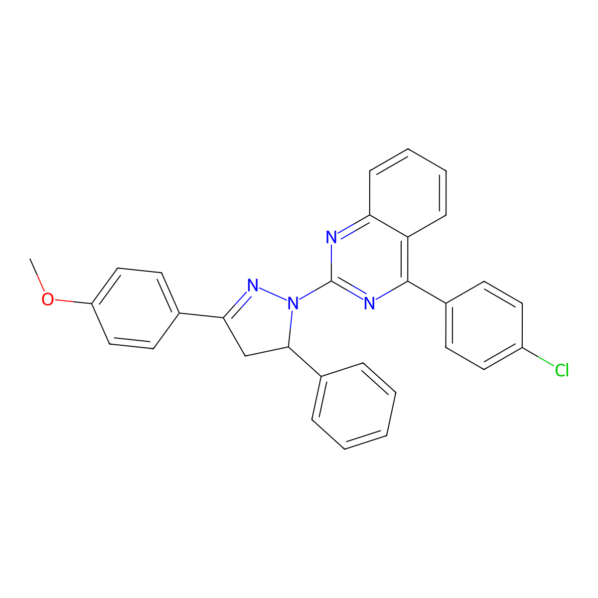 4-(4-chlorophenyl)-2-(3-(4-methoxyphenyl)-5-phenyl-4,5-dihydro-1H-pyrazol-1-yl)quinazoline molecular structure, CAS 352446-07-2