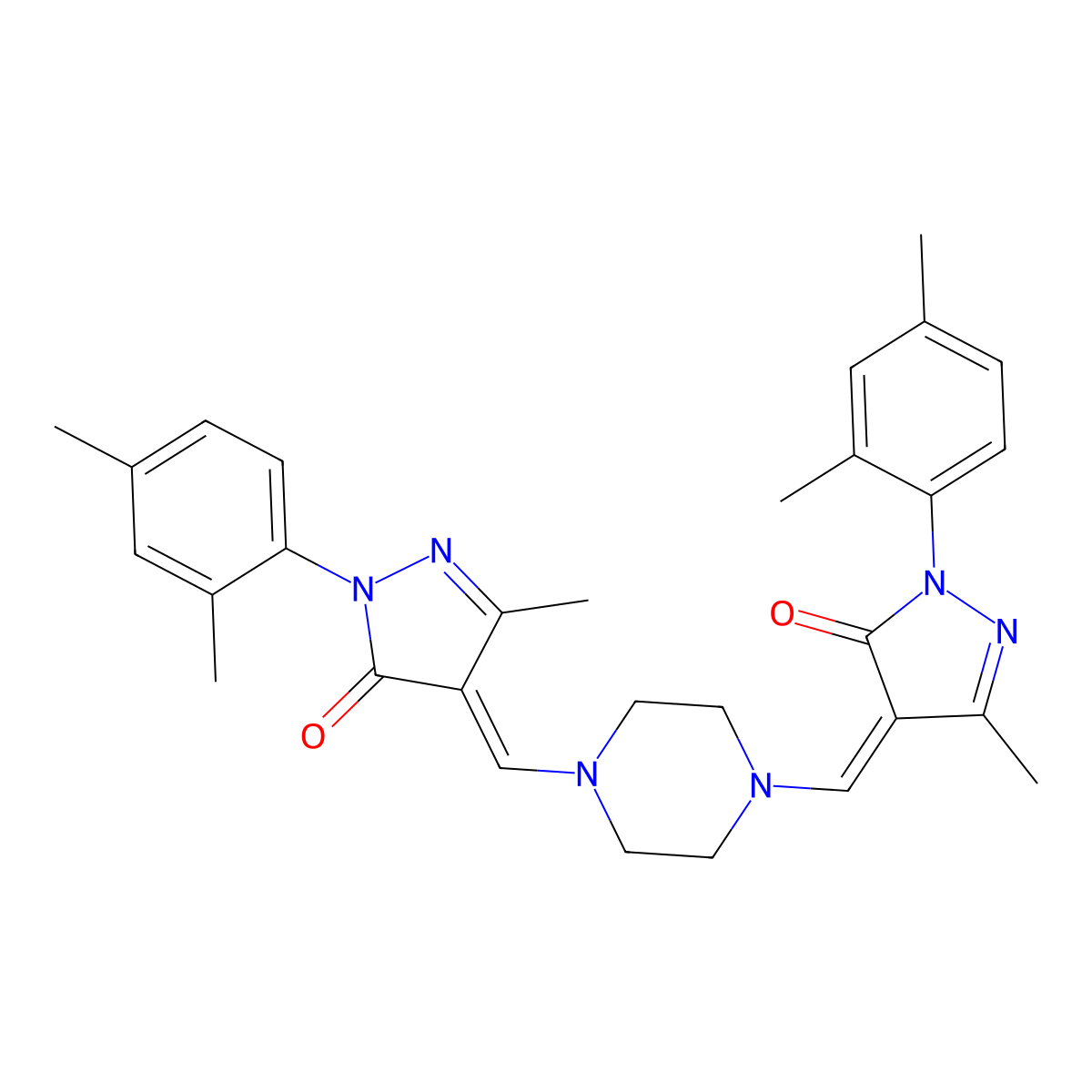 2-(2,4-Dimethylphenyl)-4-[[4-[[1-(2,4-dimethylphenyl)-3-methyl-5-oxopyrazol-4-ylidene]methyl]piperazin-1-yl]methylidene]-5-methylpyrazol-3-one molecular structure, CAS 352523-26-3