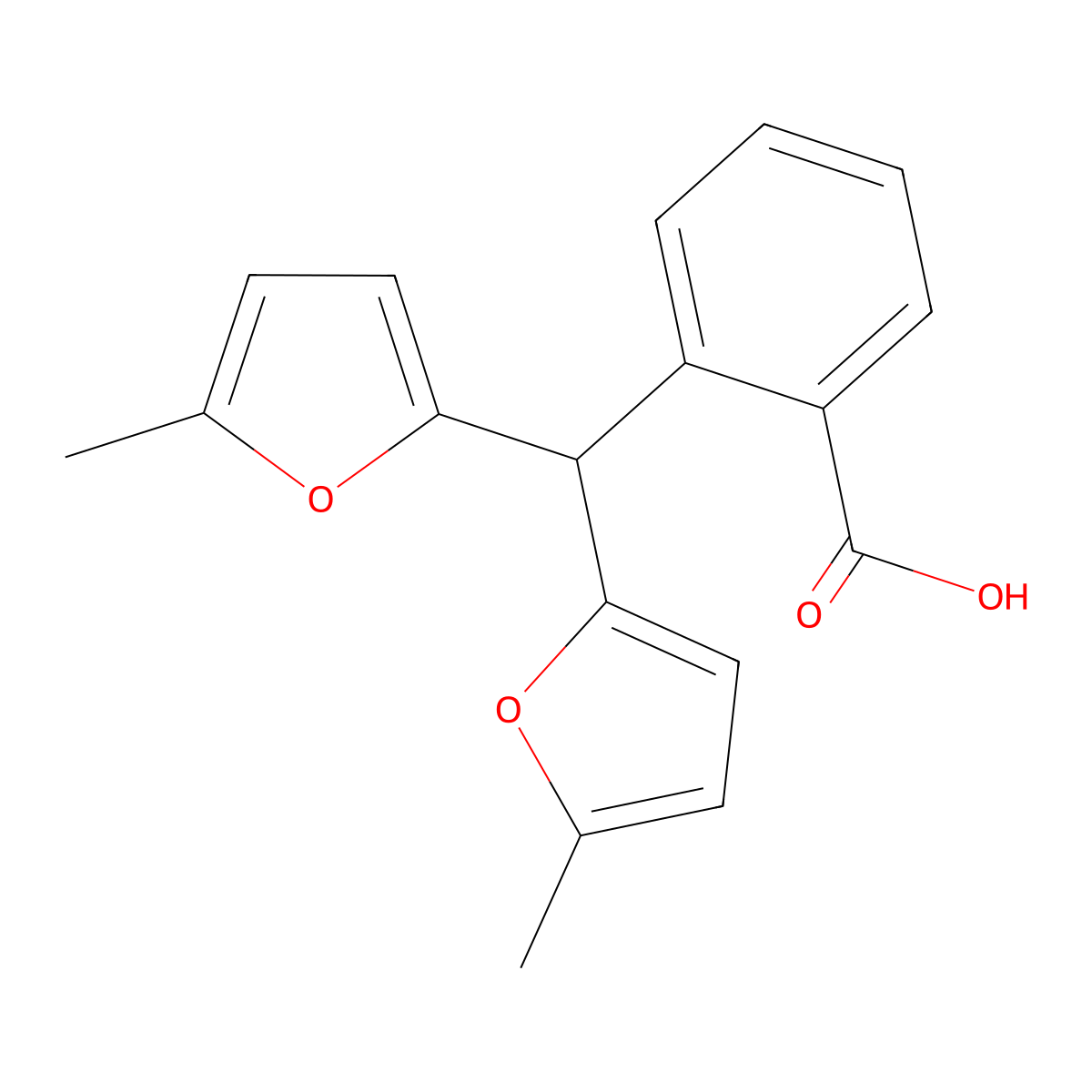 2-[Bis(5-methylfuran-2-yl)methyl]benzoic acid molecular structure, CAS 352540-52-4
