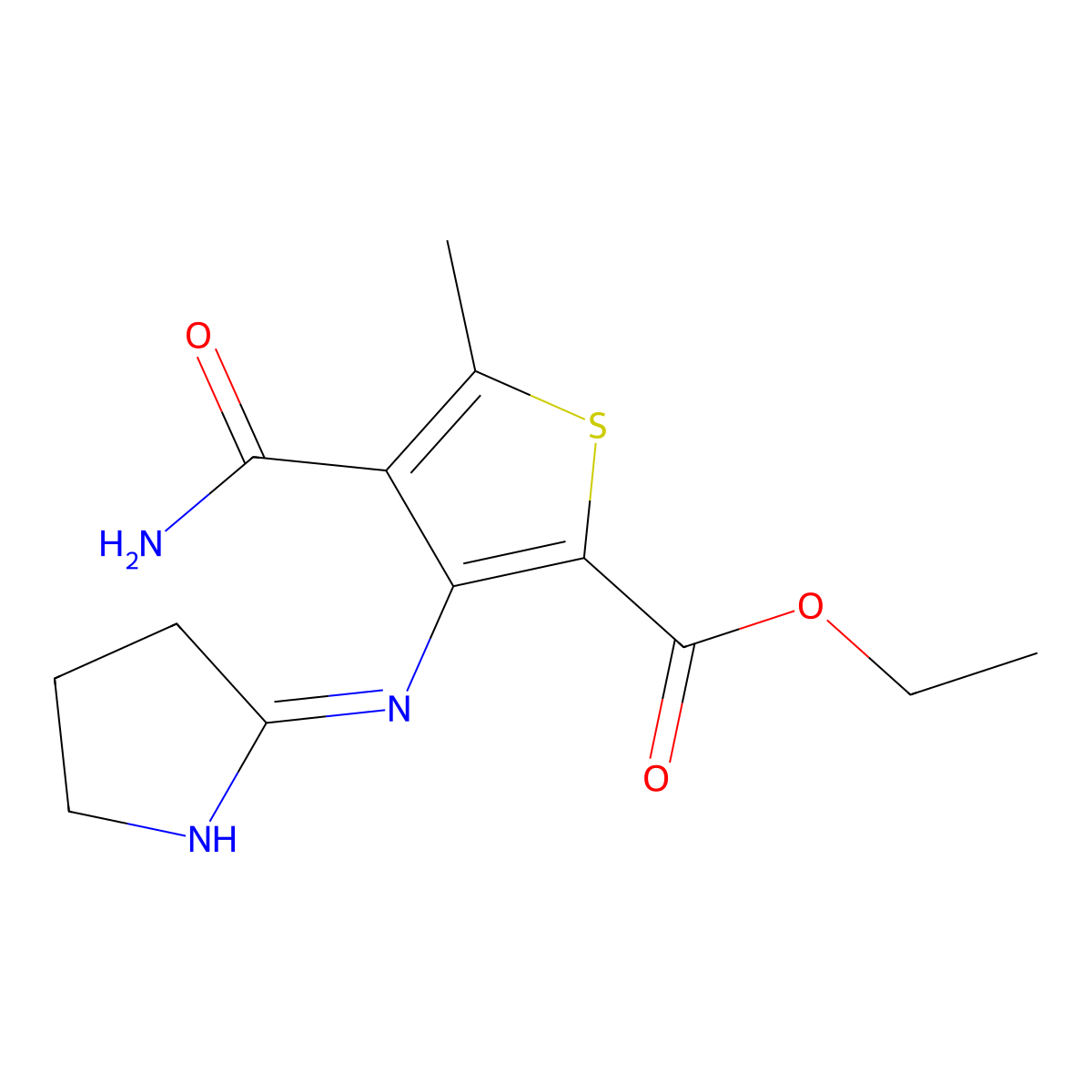 Ethyl 4-(aminocarbonyl)-5-methyl-3-(2-pyrrolidinylideneamino)-2-thiophenecarboxylate molecular structure, CAS 352548-73-3