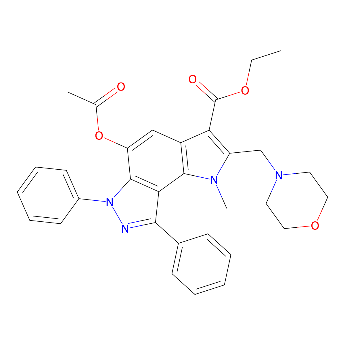 Ethyl 5-acetyloxy-1-methyl-2-(morpholin-4-ylmethyl)-6,8-diphenylpyrrolo[2,3-e]indazole-3-carboxylate molecular structure, CAS 352548-79-9