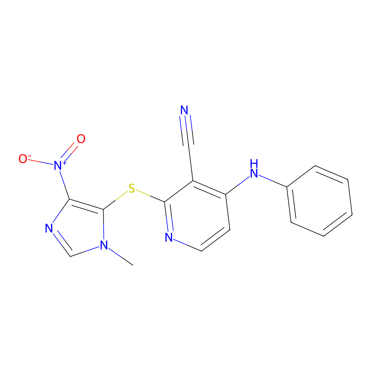 4-Anilino-2-(3-methyl-5-nitroimidazol-4-yl)sulfanylpyridine-3-carbonitrile molecular structure, CAS 352553-93-6