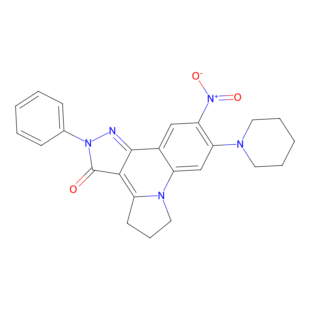 10-nitro-2-phenyl-9-(1-piperidinyl)-2,4,5,6-tetrahydro-3H-pyrazolo[4,3-c]pyrrolo[1,2-a]quinolin-3-one molecular structure, CAS 352554-47-3