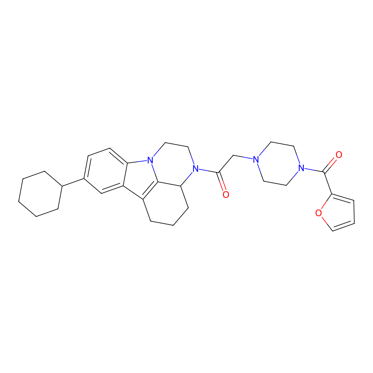 1-(8-cyclohexyl-3a,4,5,6-tetrahydro-1H-pyrazino[3,2,1-jk]carbazol-3(2H)-yl)-2-(4-(furan-2-carbonyl)piperazin-1-yl)ethanone molecular structure, CAS 352555-03-4