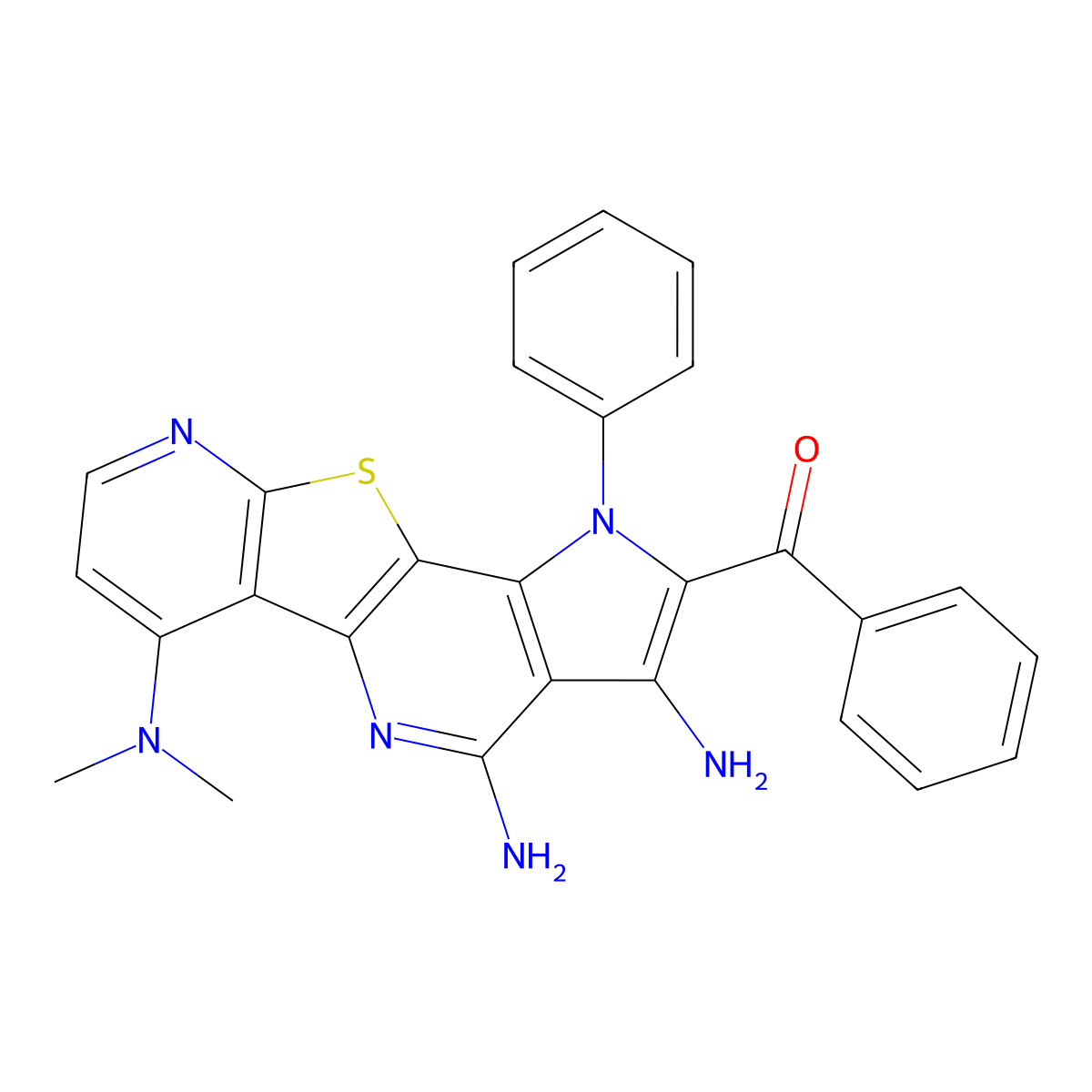 [3,4-diamino-6-(dimethylamino)-1-phenyl-1H-pyrido[3',2':4,5]thieno[3,2-b]pyrrolo[2,3-d]pyridin-2-yl](phenyl)methanone molecular structure, CAS 352555-25-0