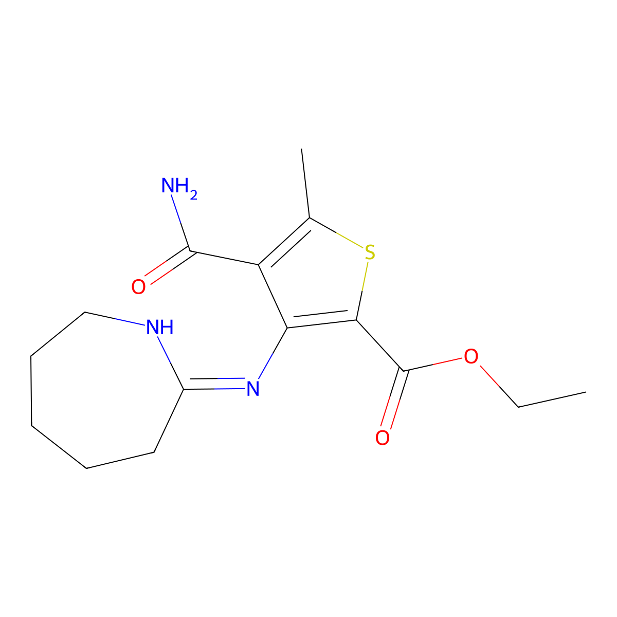 Ethyl 4-(aminocarbonyl)-3-(2-azepanylideneamino)-5-methyl-2-thiophenecarboxylate molecular structure, CAS 352555-30-7