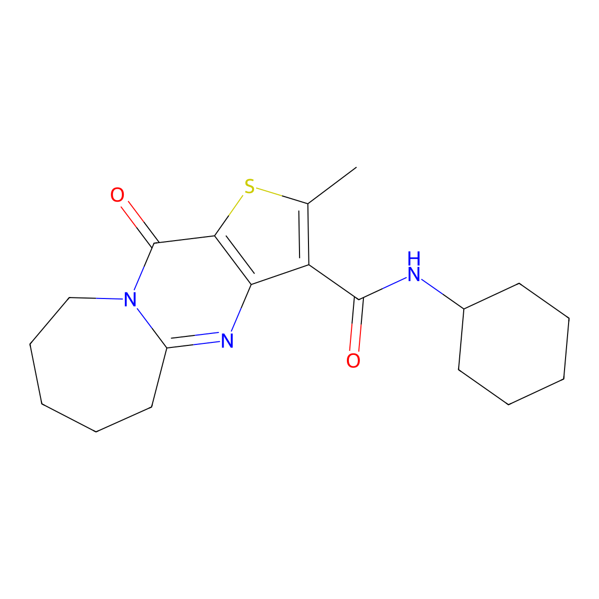 N-cyclohexyl-2-methyl-11-oxo-5,6,7,8,9,11-hexahydrothieno[3',2':4,5]pyrimido[1,2-a]azepine-3-carboxamide molecular structure, CAS 352555-46-5