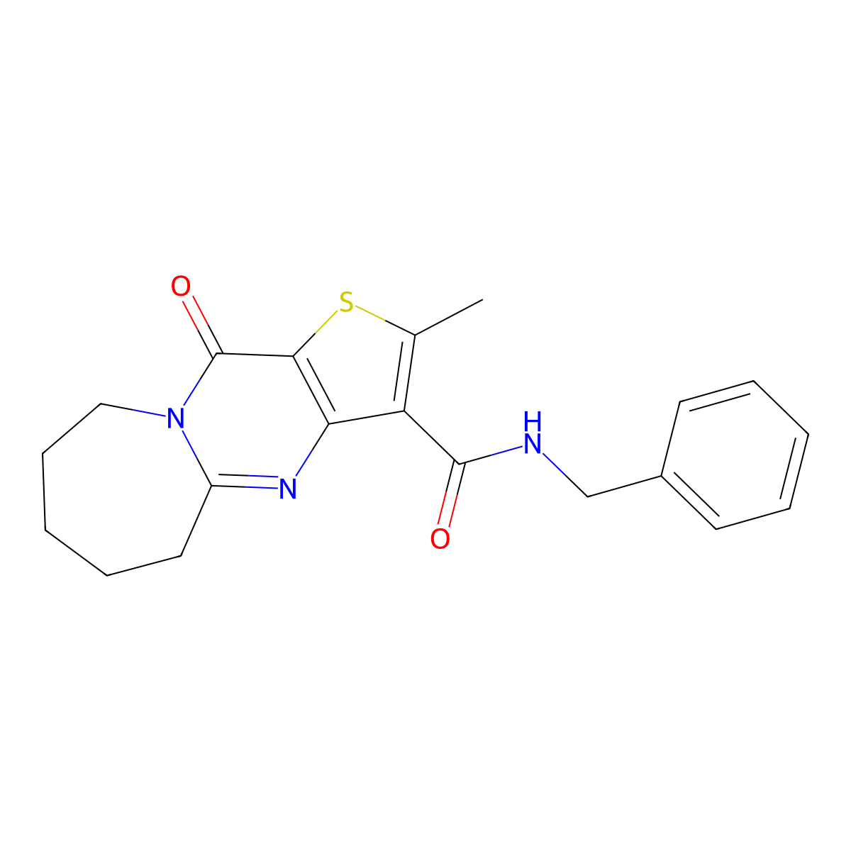 N-benzyl-2-methyl-11-oxo-5,6,7,8,9,11-hexahydrothieno[3',2':4,5]pyrimido[1,2-a]azepine-3-carboxamide molecular structure, CAS 352555-53-4