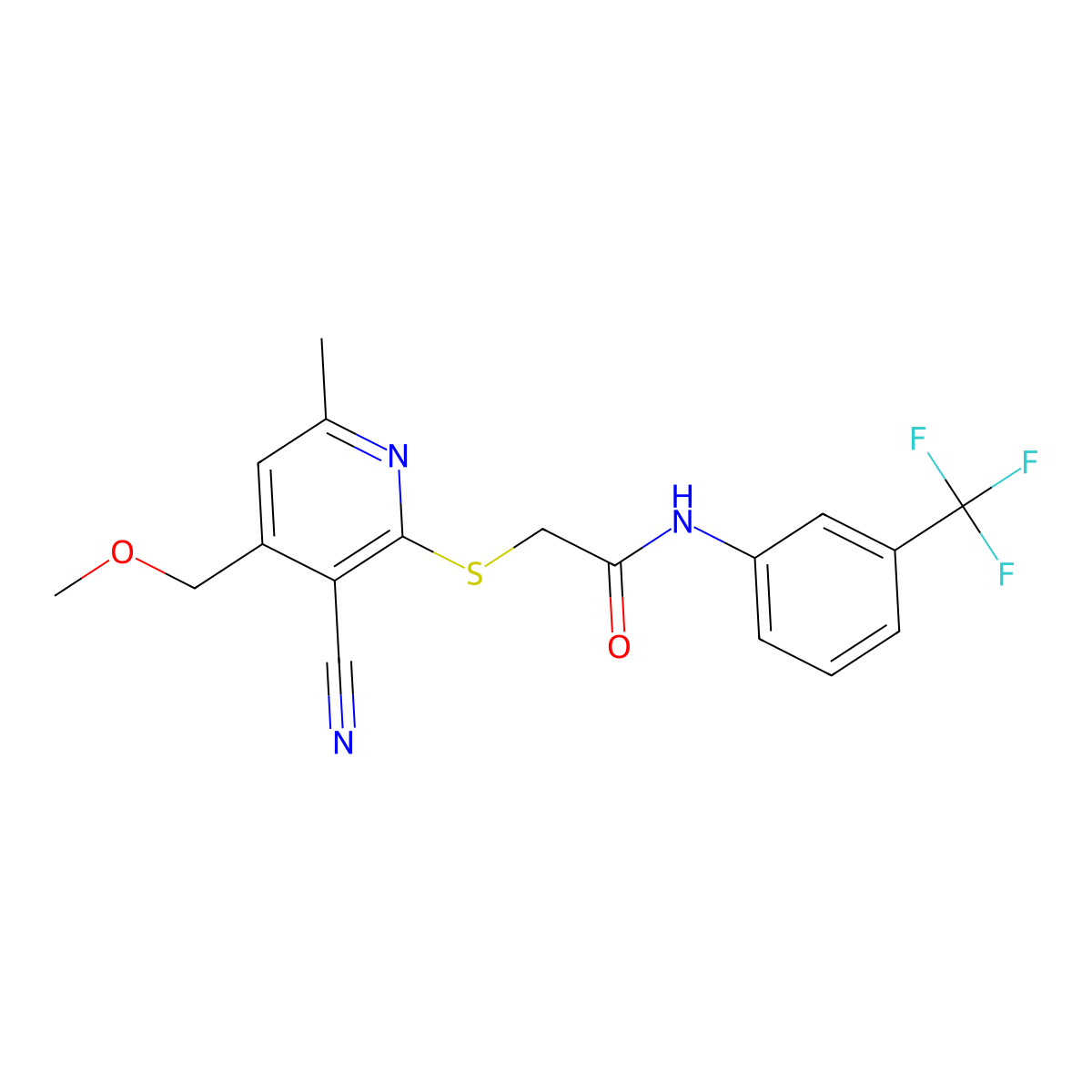 2-{[3-cyano-4-(methoxymethyl)-6-methylpyridin-2-yl]sulfanyl}-N-[3-(trifluoromethyl)phenyl]acetamide molecular structure, CAS 352558-17-9