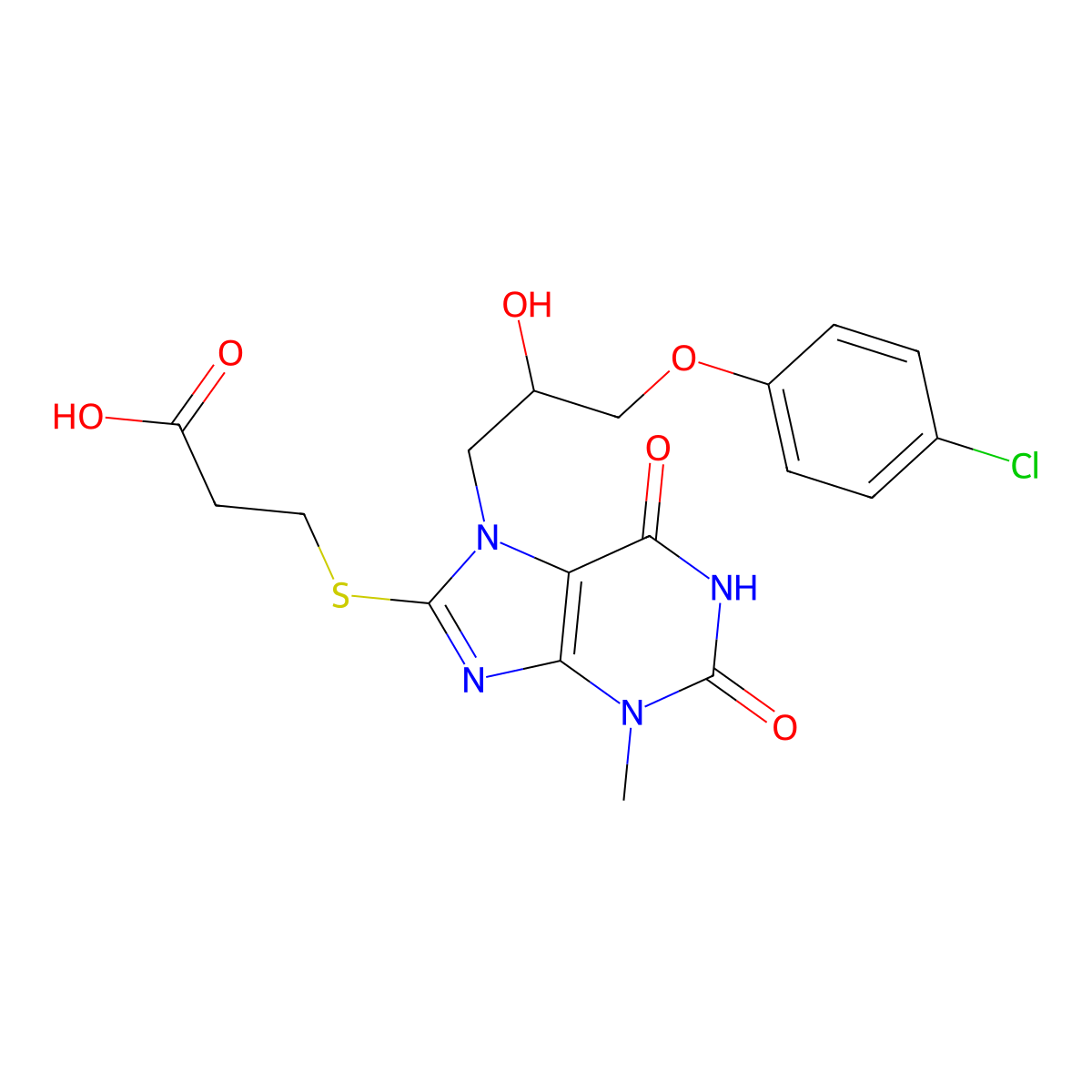 3-[7-[3-(4-Chlorophenoxy)-2-hydroxypropyl]-3-methyl-2,6-dioxopurin-8-yl]sulfanylpropanoic acid molecular structure, CAS 352640-41-6