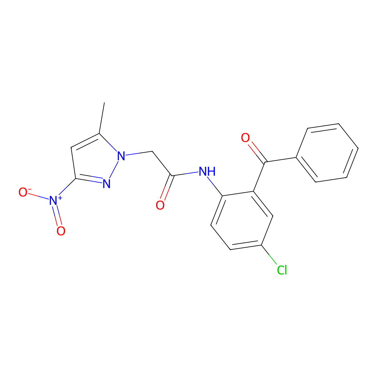 N-(2-benzoyl-4-chlorophenyl)-2-(5-methyl-3-nitropyrazol-1-yl)acetamide molecular structure, CAS 352640-68-7