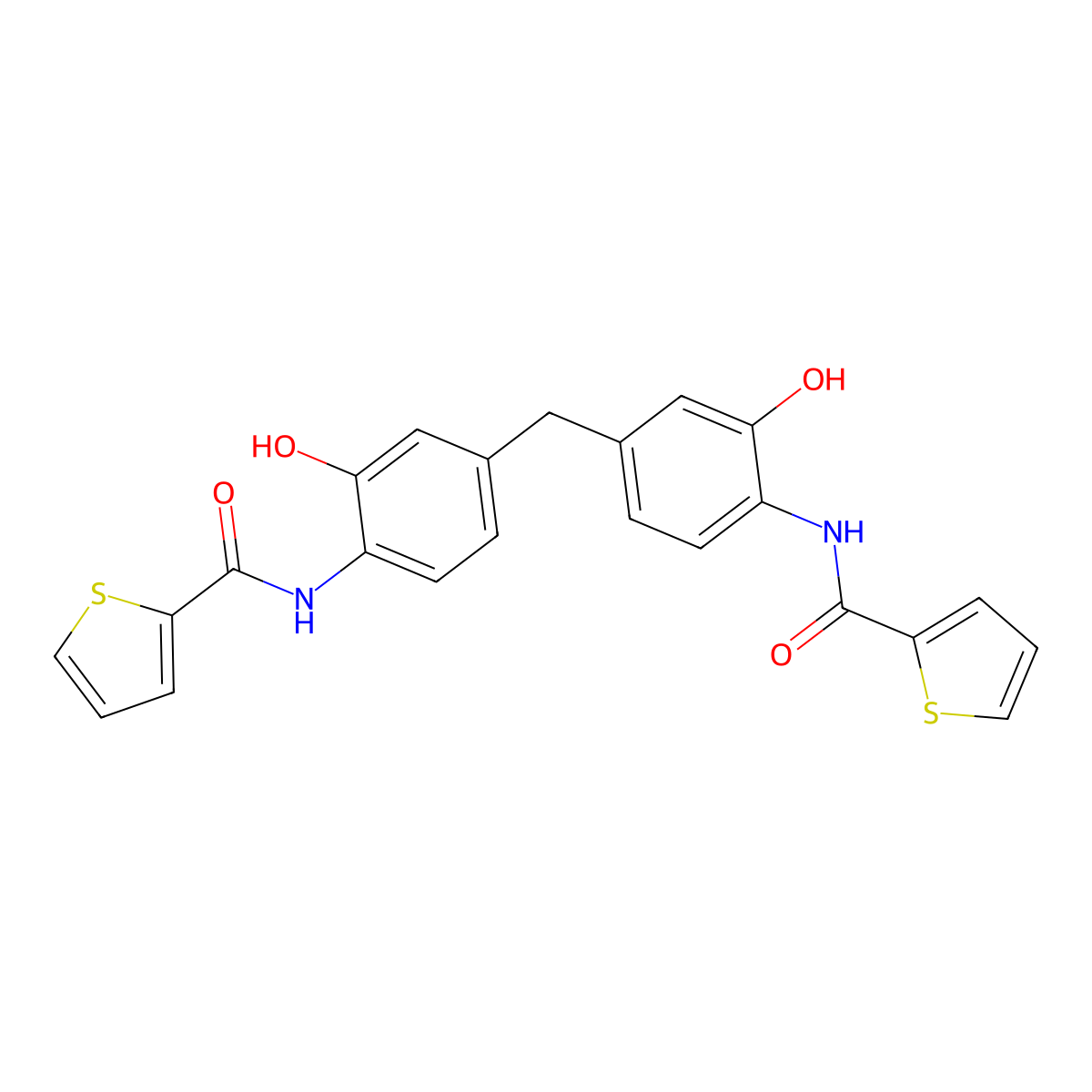 N-[2-hydroxy-4-[[3-hydroxy-4-(thiophene-2-carbonylamino)phenyl]methyl]phenyl]thiophene-2-carboxamide molecular structure, CAS 352645-16-0