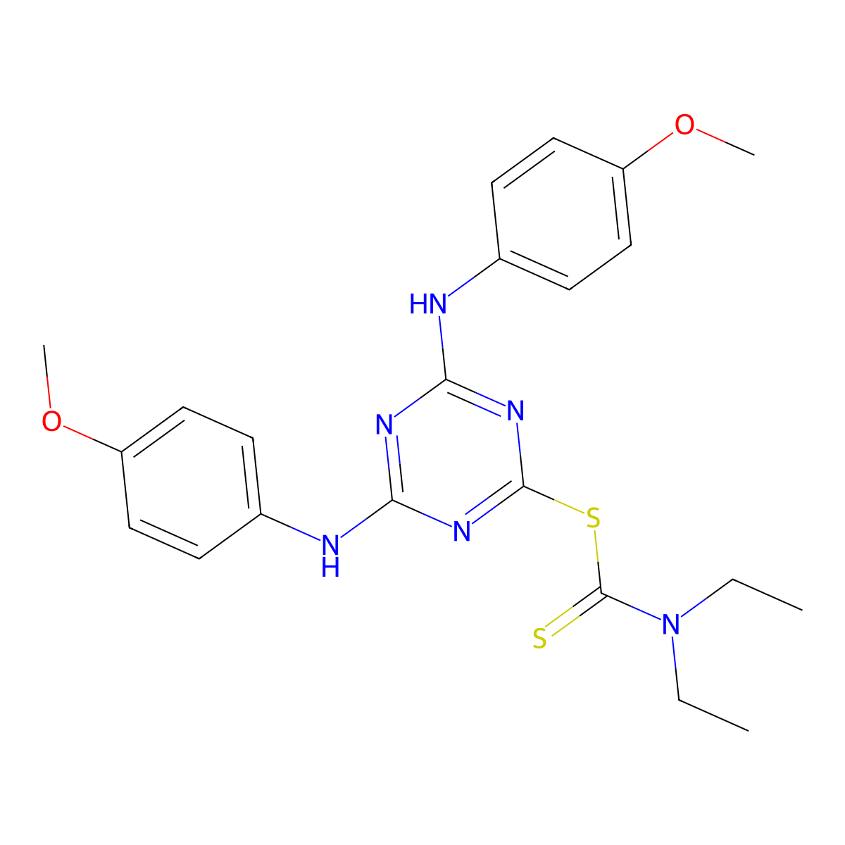 4,6-Bis((4-methoxyphenyl)amino)-1,3,5-triazin-2-yl diethylcarbamodithioate molecular structure, CAS 352645-55-7