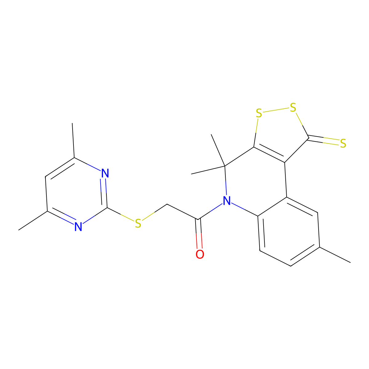 2-(4,6-Dimethylpyrimidin-2-yl)sulfanyl-1-(4,4,8-trimethyl-1-sulfanylidenedithiolo[3,4-c]quinolin-5-yl)ethanone molecular structure, CAS 352645-57-9