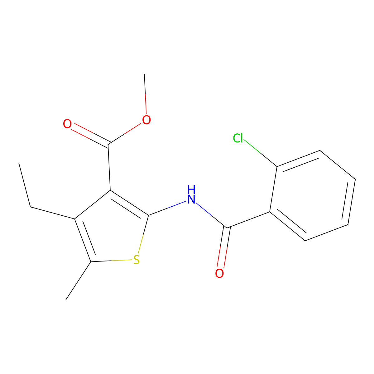 Methyl 2-[(2-chlorobenzoyl)amino]-4-ethyl-5-methyl-3-thiophenecarboxylate molecular structure, CAS 352651-05-9