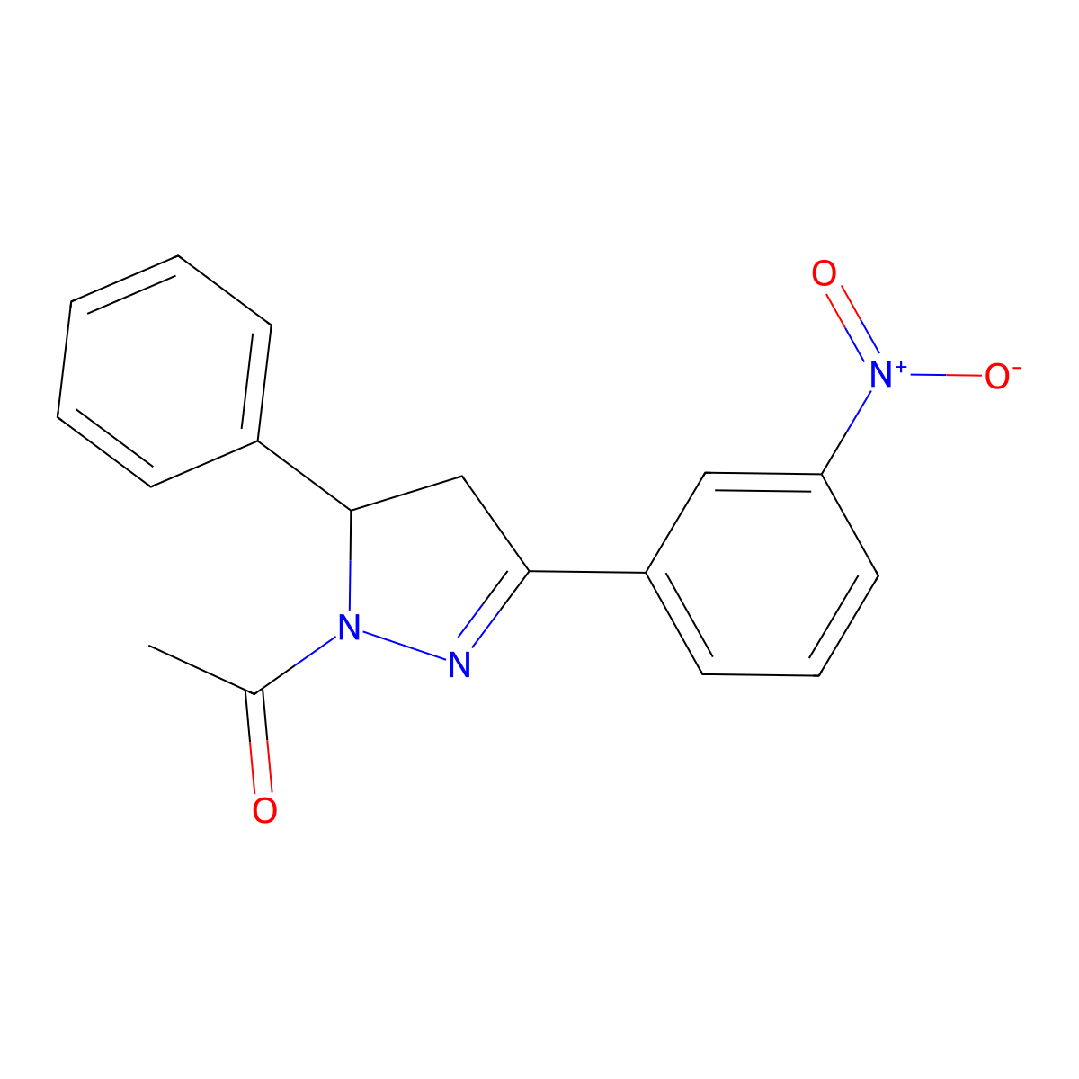 1-acetyl-3-{3-nitrophenyl}-5-phenyl-4,5-dihydro-1H-pyrazole molecular structure, CAS 352656-10-1