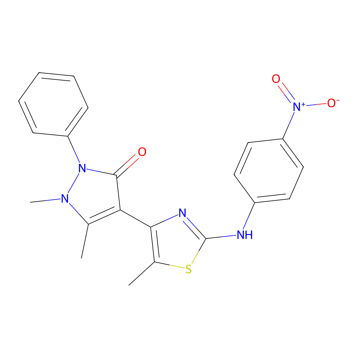 4-(2-{4-nitroanilino}-5-methyl-1,3-thiazol-4-yl)-1,5-dimethyl-2-phenyl-1,2-dihydro-3H-pyrazol-3-one molecular structure, CAS 352656-50-9