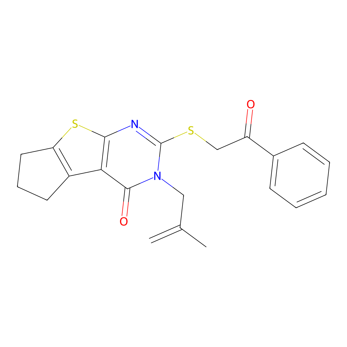 2-(2-methylprop-2-enyl)-3-phenacylsulfanyl-7,8-dihydro-6H-cyclopenta[2,3]thieno[2,4-b]pyrimidin-1-one molecular structure, CAS 352657-40-0