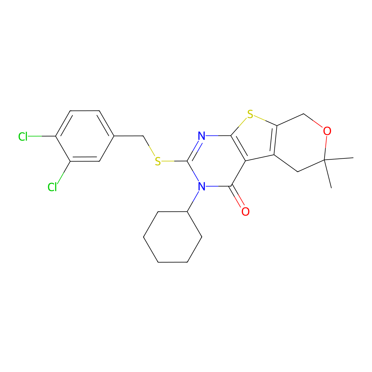 3-cyclohexyl-2-[(3,4-dichlorobenzyl)sulfanyl]-6,6-dimethyl-3,5,6,8-tetrahydro-4H-pyrano[4',3':4,5]thieno[2,3-d]pyrimidin-4-one molecular structure, CAS 352657-82-0