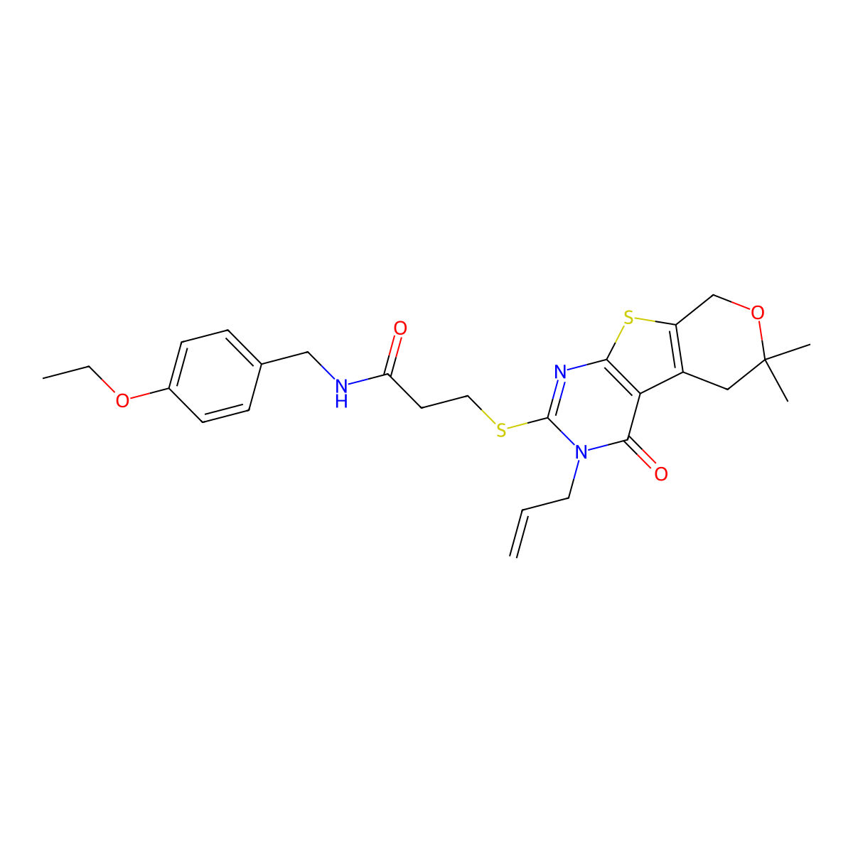 3-[(6,6-dimethyl-4-oxo-3-prop-2-enyl-5,8-dihydropyrano[2,3]thieno[2,4-b]pyrimidin-2-yl)sulfanyl]-N-[(4-ethoxyphenyl)methyl]propanamide molecular structure, CAS 352657-83-1