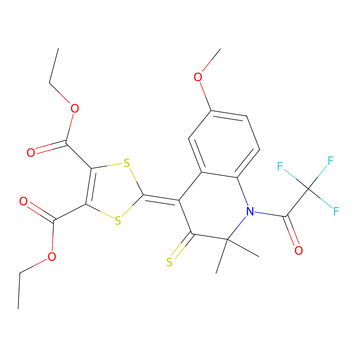 diethyl 2-(6-methoxy-2,2-dimethyl-3-thioxo-1-(trifluoroacetyl)-2,3-dihydro-4(1H)-quinolinylidene)-1,3-dithiole-4,5-dicarboxylate molecular structure, CAS 352657-89-7
