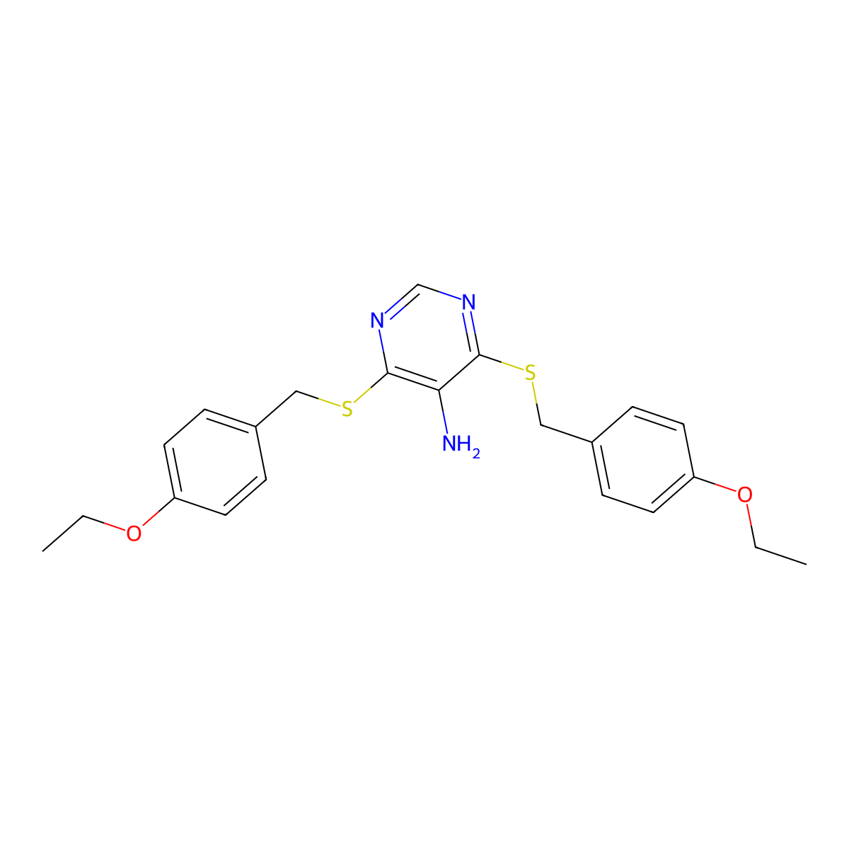 4,6-Bis[(4-ethoxyphenyl)methylsulfanyl]pyrimidin-5-amine molecular structure, CAS 352659-03-1