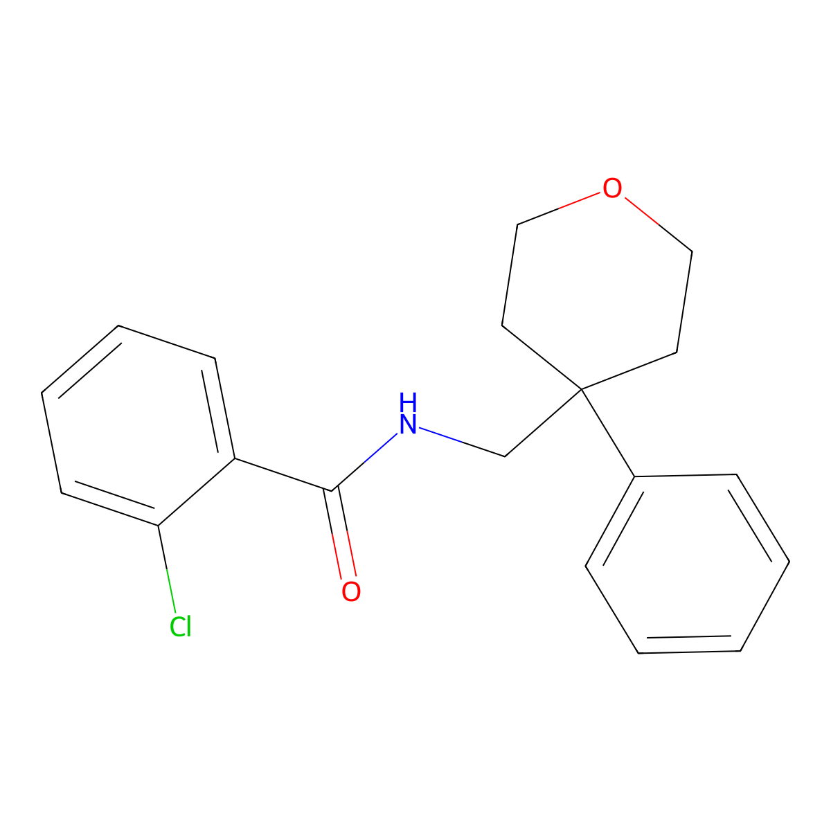 2-chloro-N-((4-phenyltetrahydro-2H-pyran-4-yl)methyl)benzamide molecular structure, CAS 352659-05-3