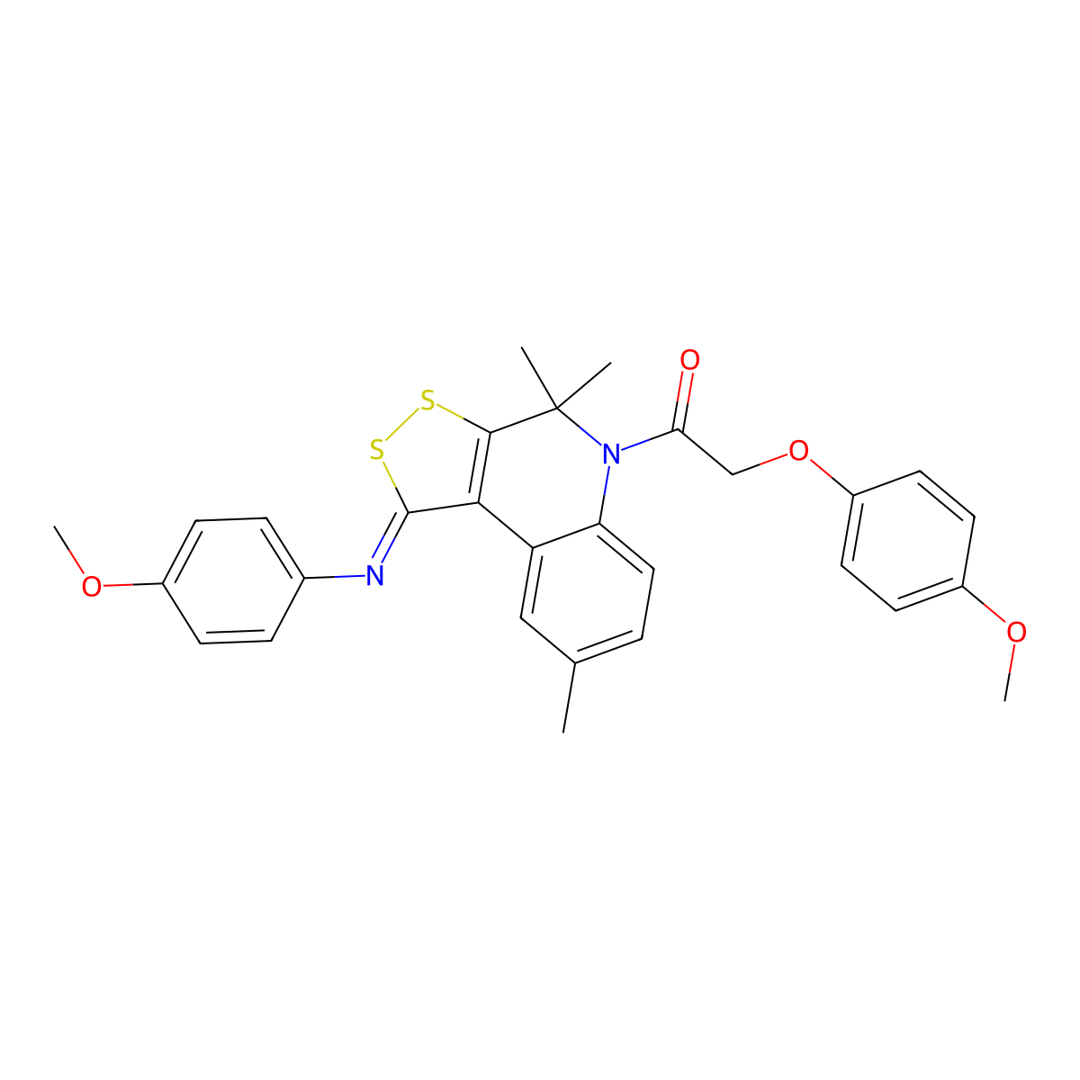 2-(4-Methoxyphenoxy)-1-[1-(4-methoxyphenyl)imino-4,4,8-trimethyldithiolo[3,4-c]quinolin-5-yl]ethanone molecular structure, CAS 352659-59-7