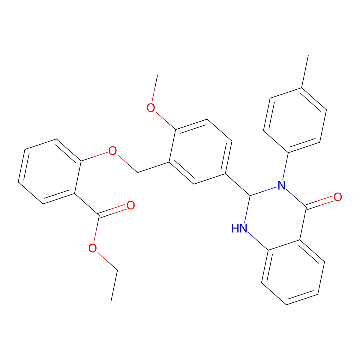Ethyl 2-[[2-methoxy-5-[3-(4-methylphenyl)-4-oxo-1,2-dihydroquinazolin-2-yl]phenyl]methoxy]benzoate molecular structure, CAS 352660-61-8