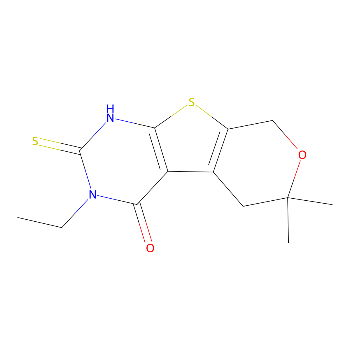 3-ethyl-6,6-dimethyl-2-sulfanyl-3,5,6,8-tetrahydro-4H-pyrano[4',3':4,5]thieno[2,3-d]pyrimidin-4-one molecular structure, CAS 352660-99-2