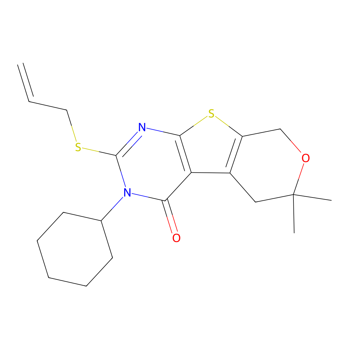 3-Cyclohexyl-6,6-dimethyl-2-prop-2-enylsulfanyl-5,8-dihydropyrano[2,3]thieno[2,4-b]pyrimidin-4-one molecular structure, CAS 352661-01-9