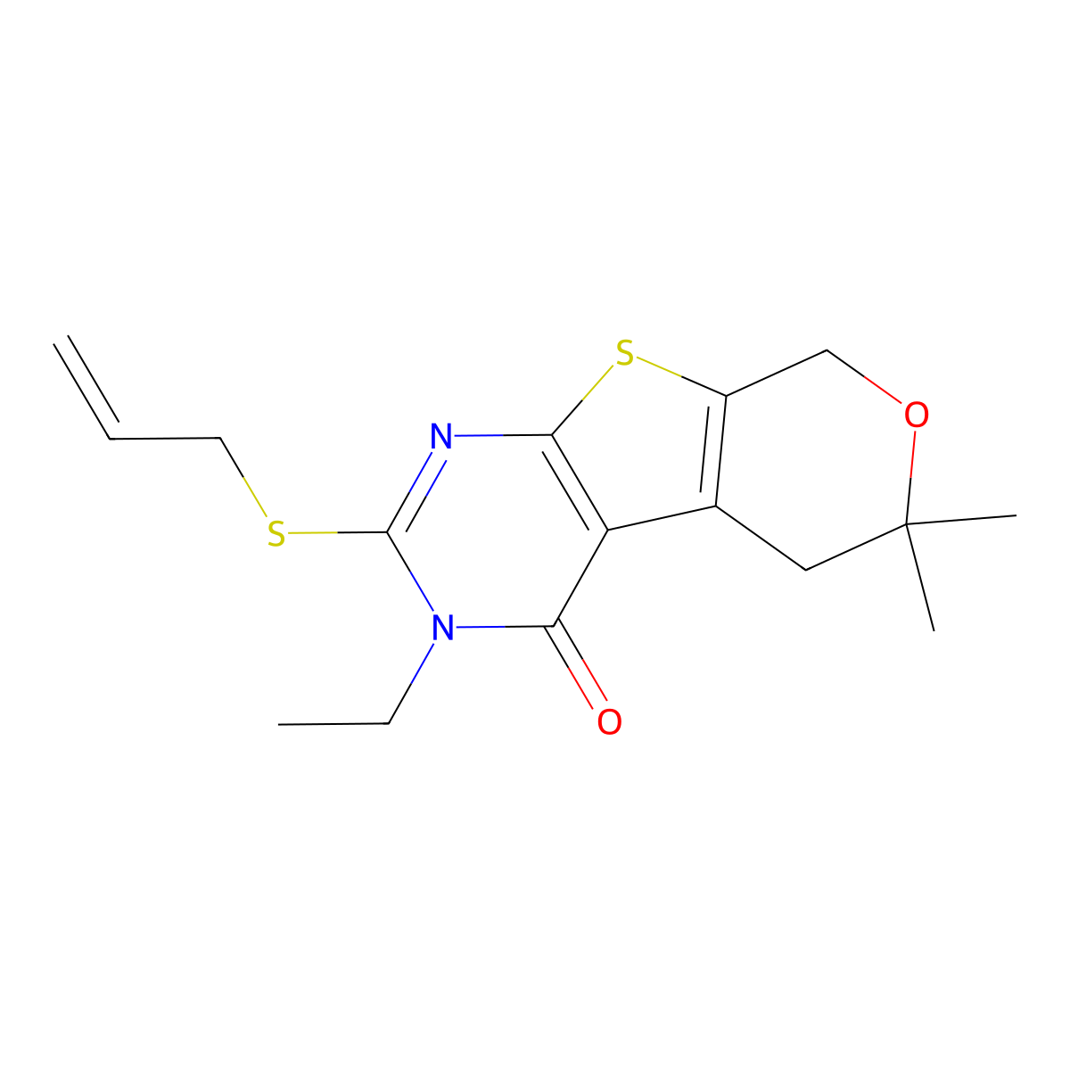 3-Ethyl-6,6-dimethyl-2-prop-2-enylsulfanyl-5,8-dihydropyrano[2,3]thieno[2,4-b]pyrimidin-4-one molecular structure, CAS 352661-02-0