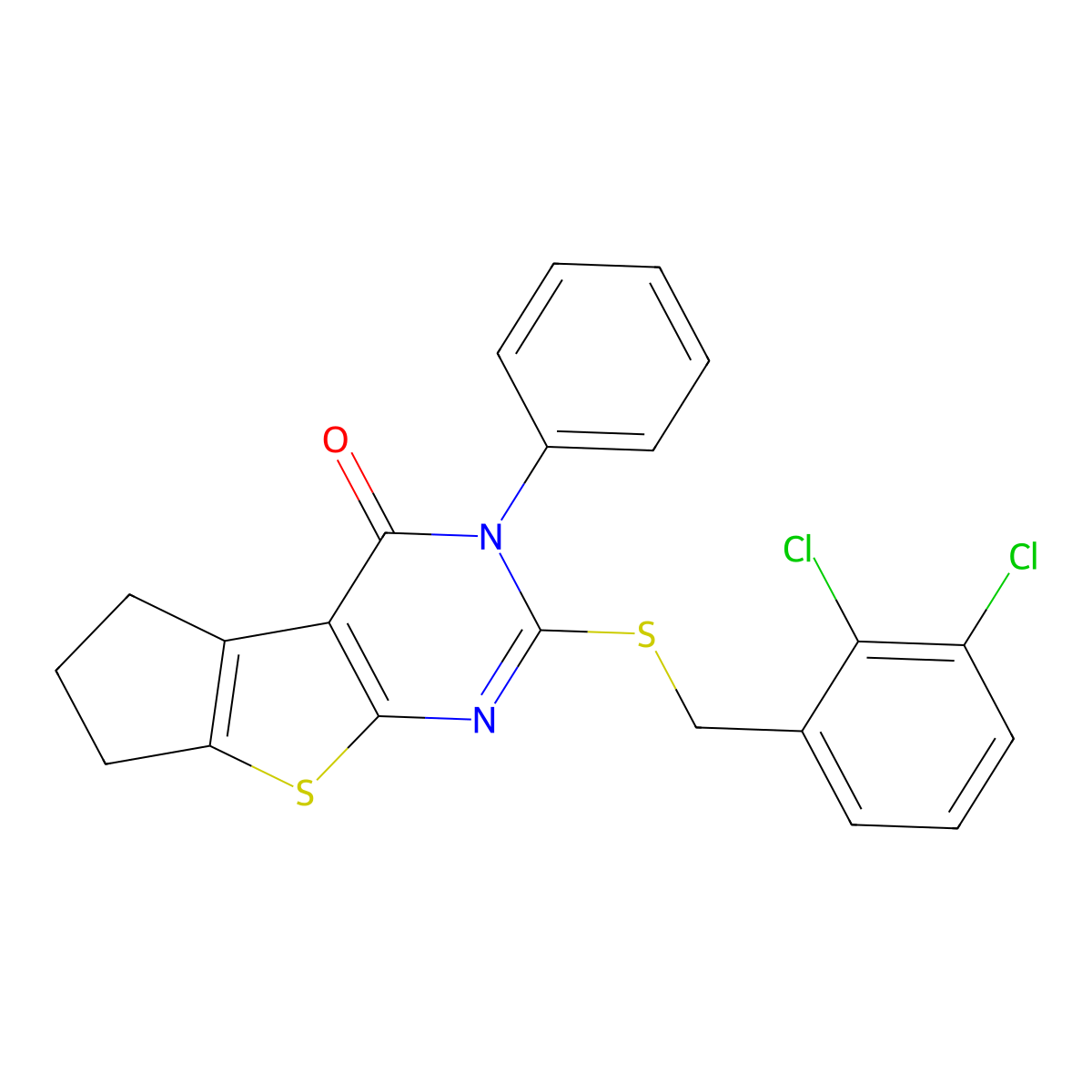 2-[(2,3-dichlorobenzyl)sulfanyl]-3-phenyl-3,5,6,7-tetrahydro-4H-cyclopenta[4,5]thieno[2,3-d]pyrimidin-4-one molecular structure, CAS 352661-25-7