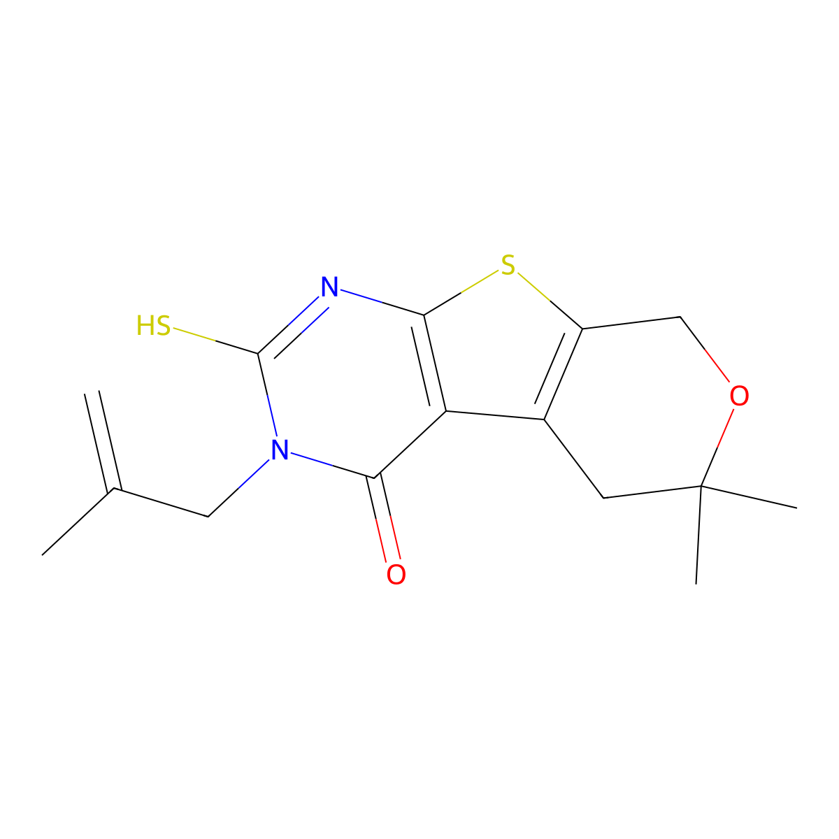 6,6-dimethyl-3-(2-methyl-2-propenyl)-2-sulfanyl-3,5,6,8-tetrahydro-4H-pyrano[4',3':4,5]thieno[2,3-d]pyrimidin-4-one molecular structure, CAS 352661-27-9