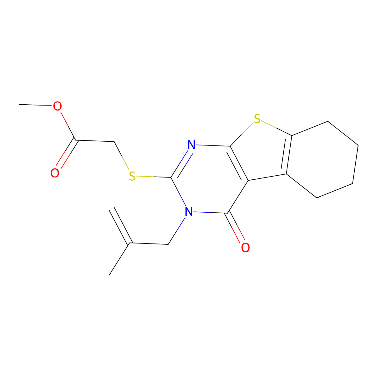 Methyl 2-[[3-(2-methylprop-2-enyl)-4-oxo-5,6,7,8-tetrahydro-[1]benzothiolo[2,3-d]pyrimidin-2-yl]sulfanyl]acetate molecular structure, CAS 352661-28-0