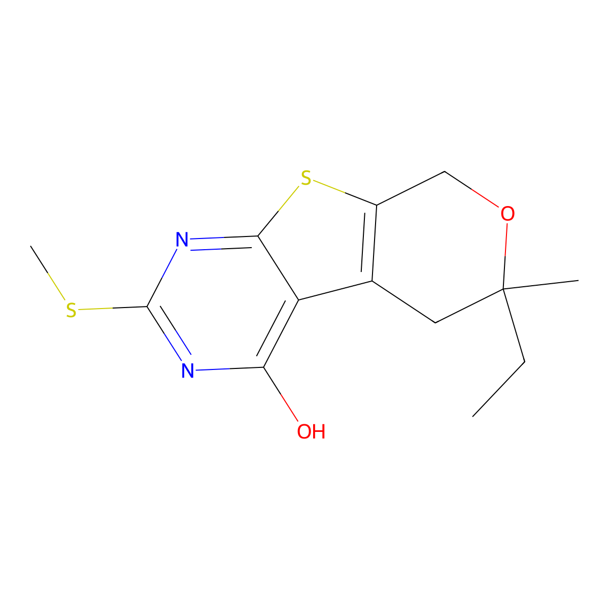 6-ethyl-6-methyl-2-methylsulfanyl-5,8-dihydro-3H-pyrano[2,3]thieno[2,4-b]pyrimidin-4-one molecular structure, CAS 352661-29-1