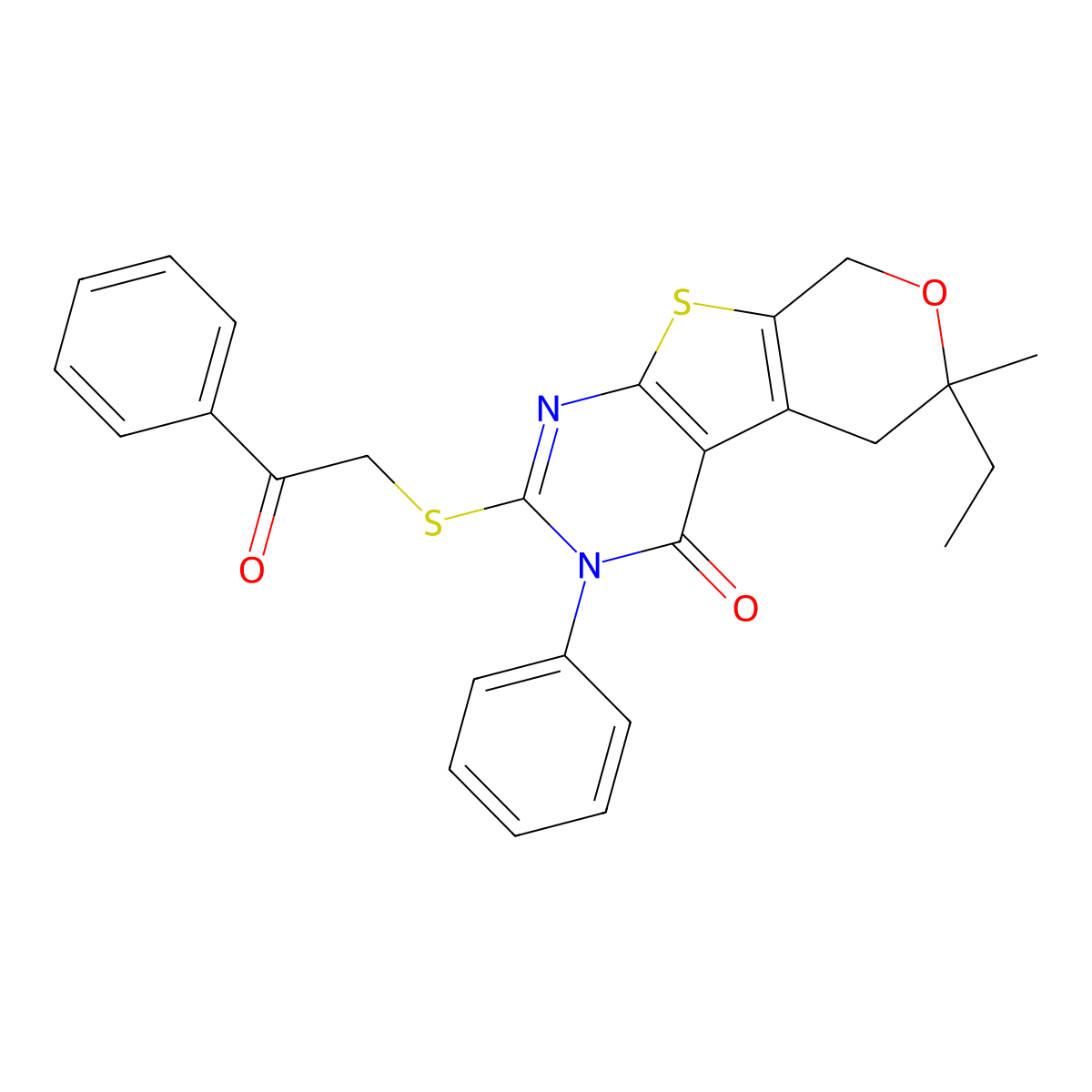 6-ethyl-6-methyl-2-[(2-oxo-2-phenylethyl)sulfanyl]-3-phenyl-3,5,6,8-tetrahydro-4H-pyrano[4',3':4,5]thieno[2,3-d]pyrimidin-4-one molecular structure, CAS 352661-30-4